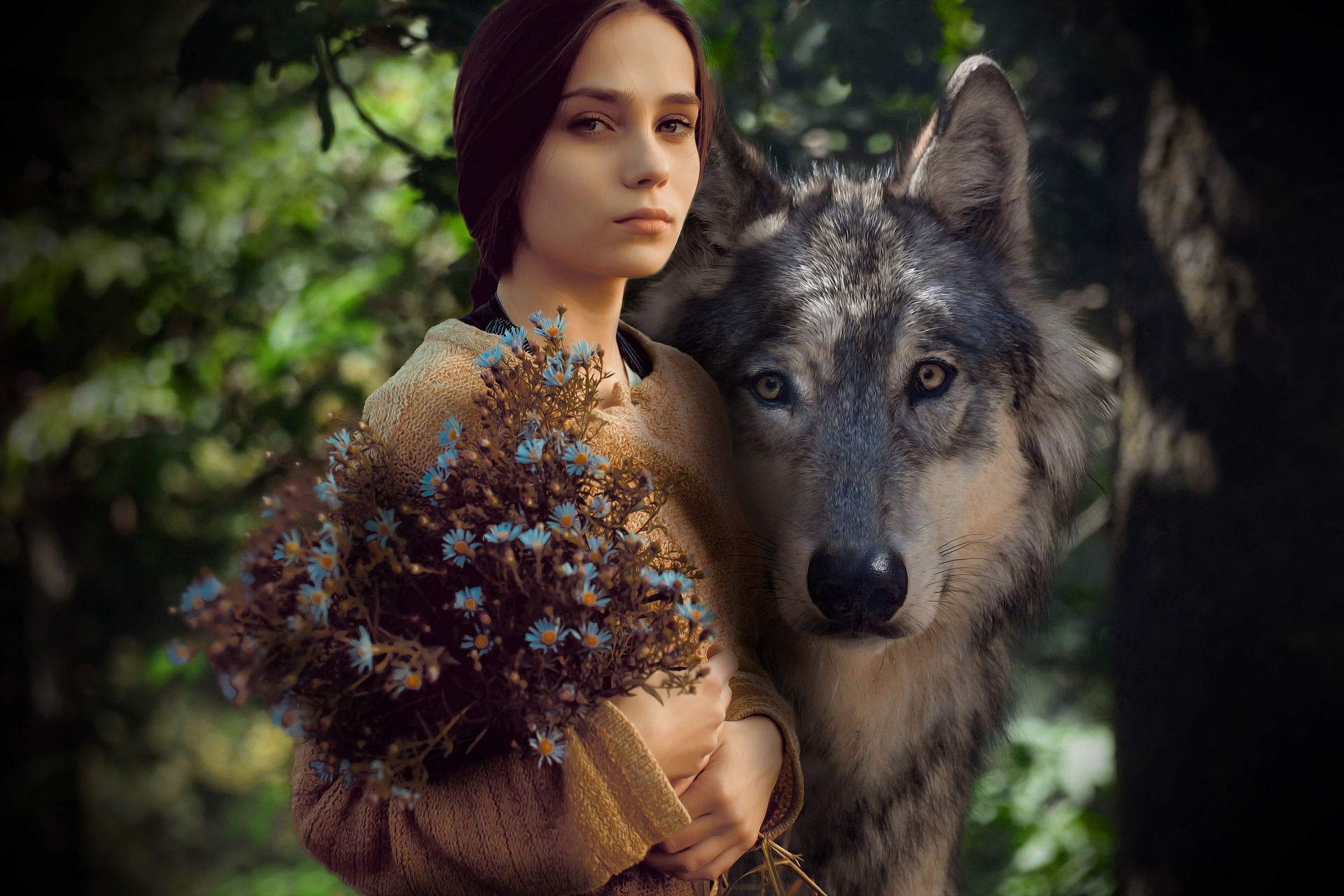 Adult romance fantasy: Girl holding flowers with a werewolf by her side